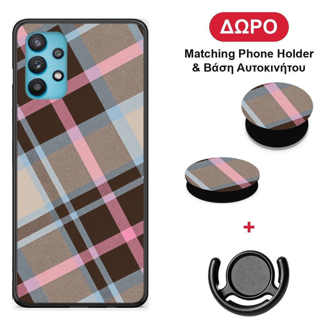 Brown Pink and Blue Diagonal Plaid - Samsung Galaxy A32 5G θήκη + Δώρο Phone Holder & Βάση Αυτοκινήτου