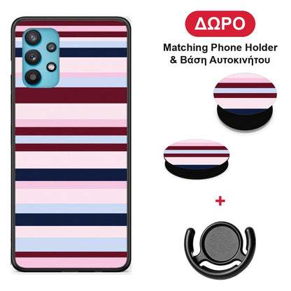 Burgundy Pink and Blue Horizontal Stripes - Samsung Galaxy A32 5G θήκη + Δώρο Phone Holder & Βάση Αυτοκινήτου
