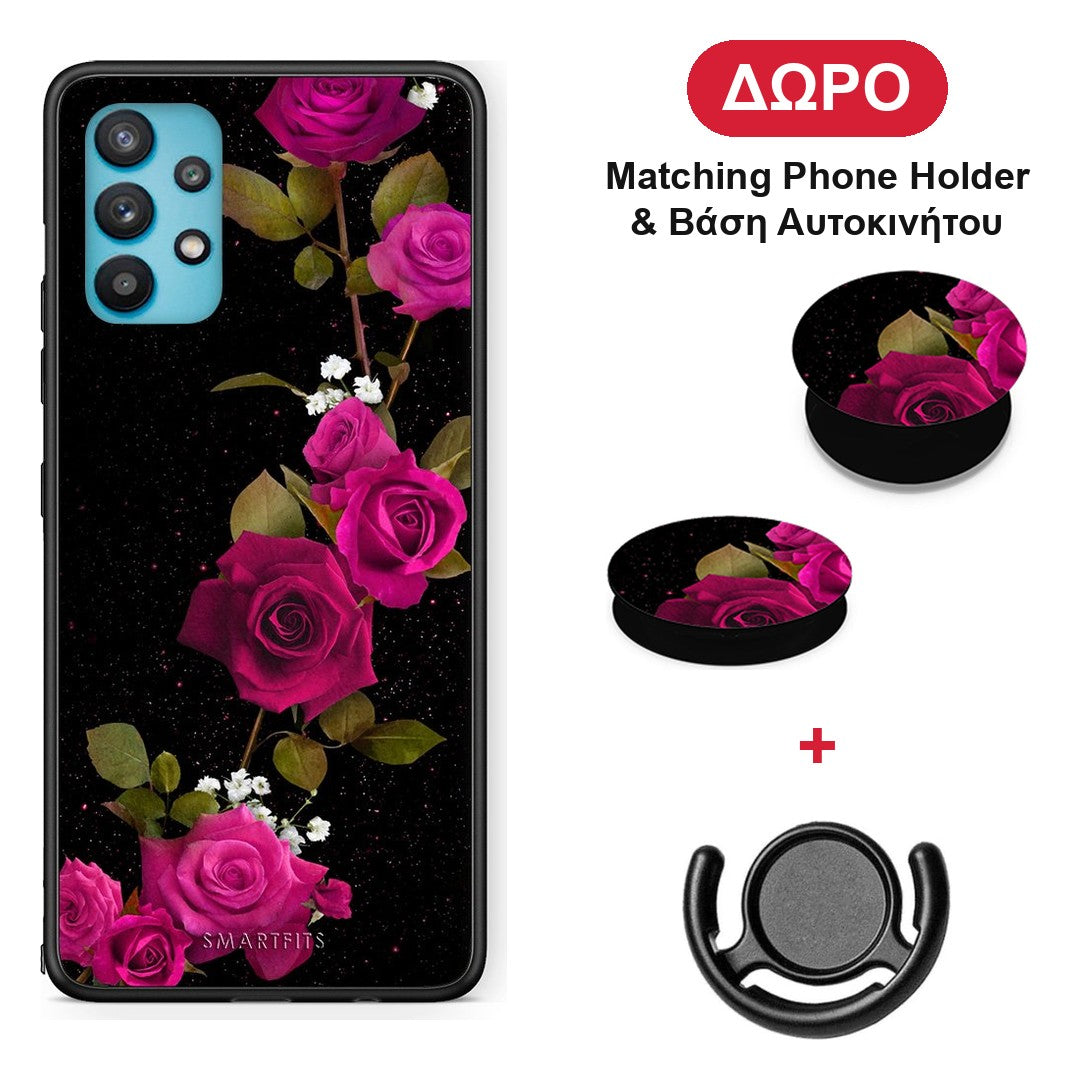 Flower Red Roses - Samsung Galaxy A32 5G θήκη + Δώρο Phone Holder & Βάση Αυτοκινήτου