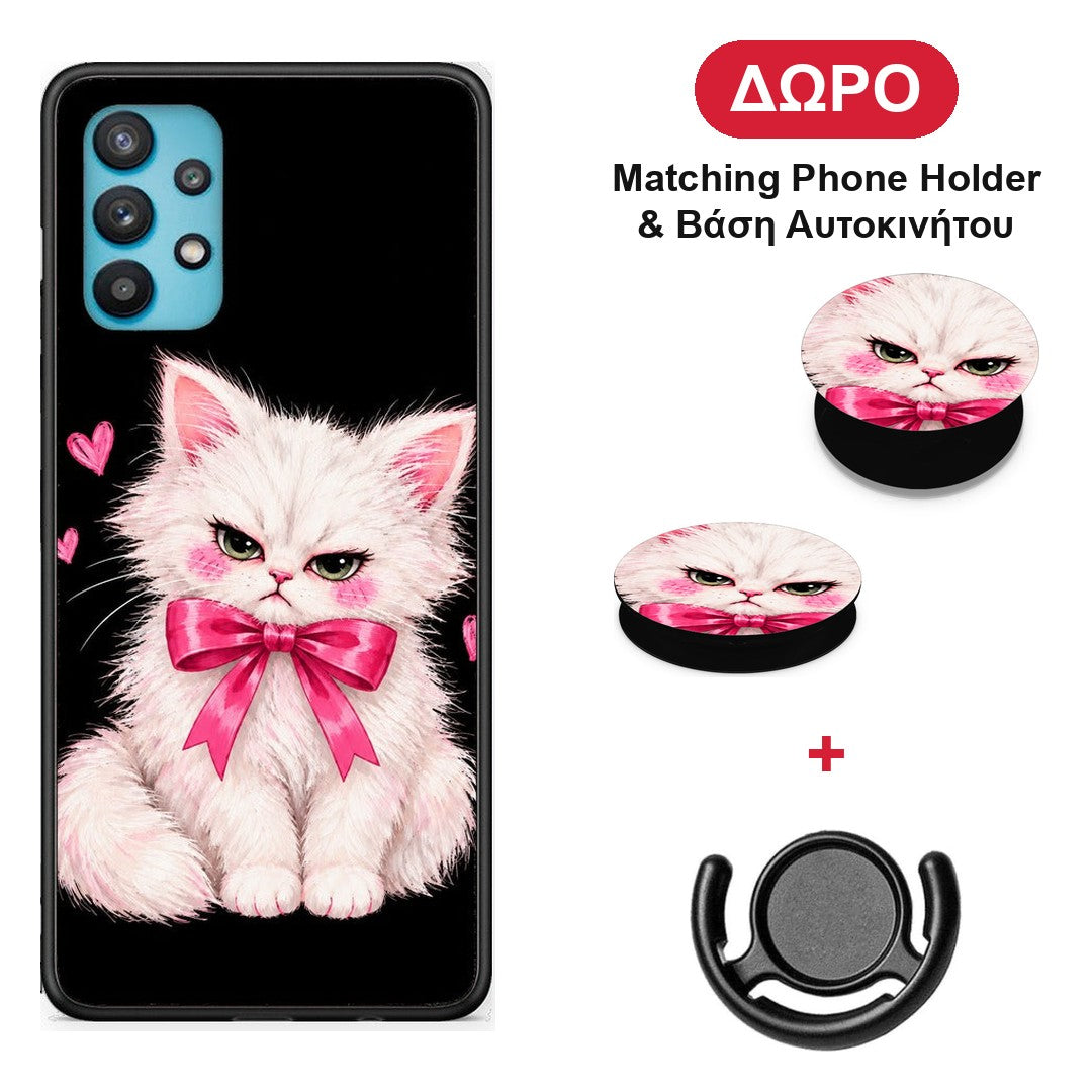 Grumpy Party Kitten on Black - Samsung Galaxy A32 5G θήκη + Δώρο Phone Holder & Βάση Αυτοκινήτου