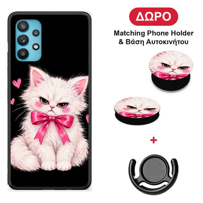 Grumpy Party Kitten on Black - Samsung Galaxy A32 5G θήκη + Δώρο Phone Holder & Βάση Αυτοκινήτου