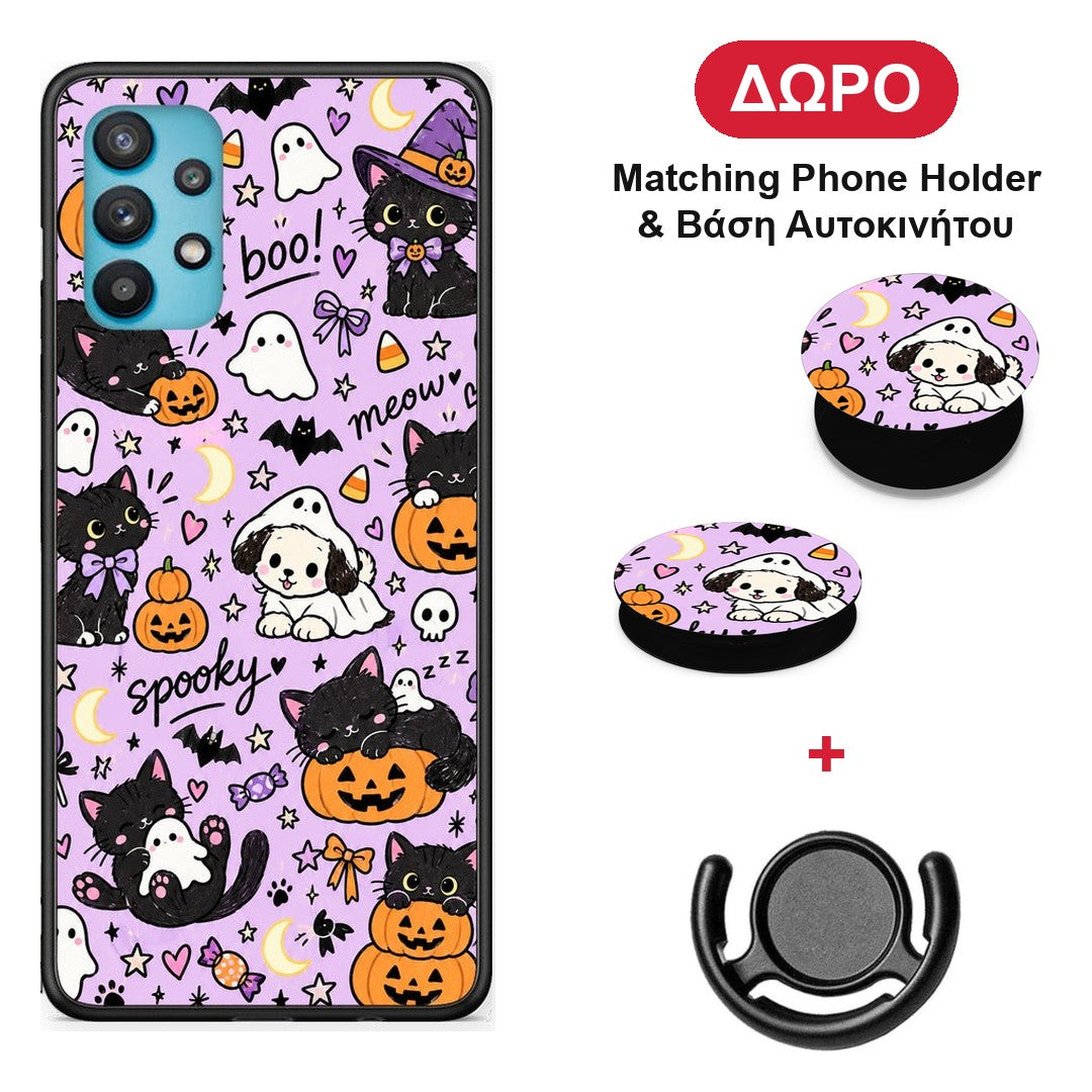 Halloween Black Cats on Lilac - Samsung Galaxy A32 5G θήκη + Δώρο Phone Holder & Βάση Αυτοκινήτου
