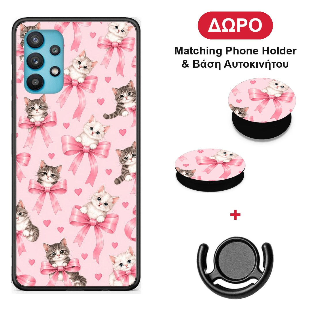 Kittens and Pink Bows on Pink - Samsung Galaxy A32 5G θήκη + Δώρο Phone Holder & Βάση Αυτοκινήτου