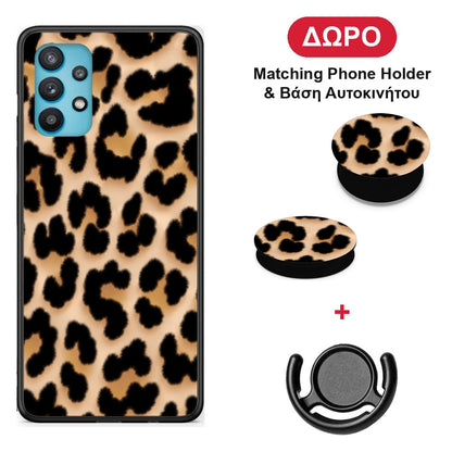 Leopard Print Tan Large - Samsung Galaxy A32 5G θήκη + Δώρο Phone Holder & Βάση Αυτοκινήτου