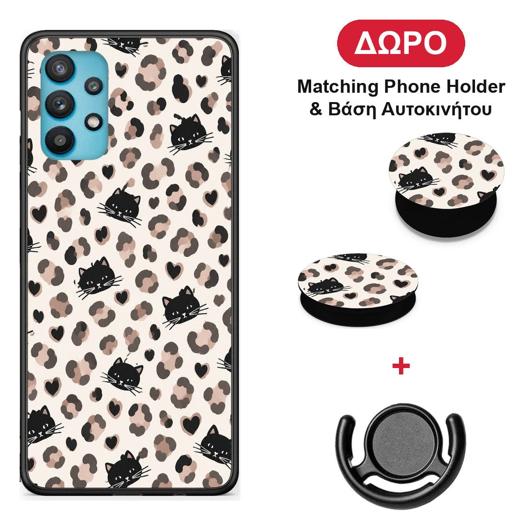 Leopard Spots and Black Cats on Cream - Samsung Galaxy A32 5G θήκη + Δώρο Phone Holder & Βάση Αυτοκινήτου