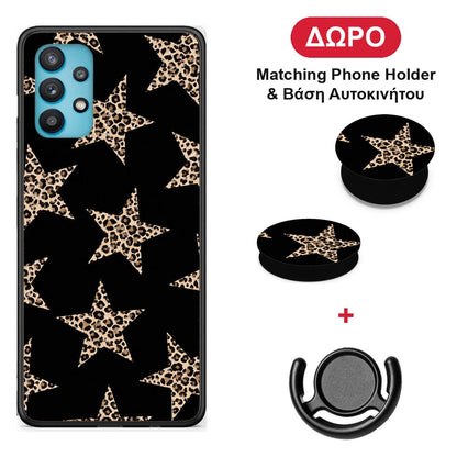 Leopard Stars on Black - Samsung Galaxy A32 5G θήκη + Δώρο Phone Holder & Βάση Αυτοκινήτου