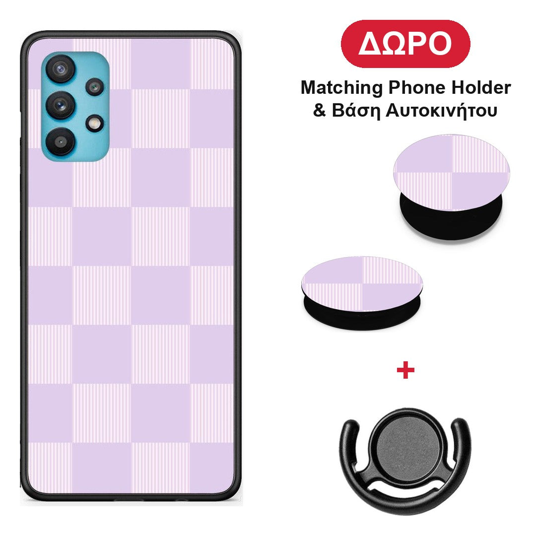 Lilac and Cream Striped Checks - Samsung Galaxy A32 5G θήκη + Δώρο Phone Holder & Βάση Αυτοκινήτου