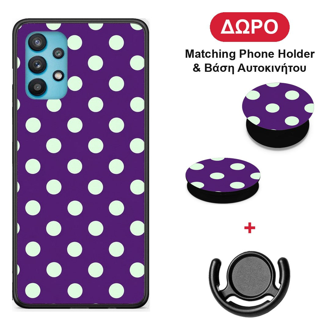 Mint Polka Dots on Purple - Samsung Galaxy A32 5G θήκη + Δώρο Phone Holder & Βάση Αυτοκινήτου