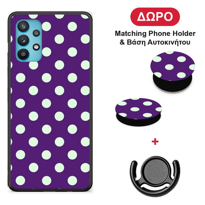 Mint Polka Dots on Purple - Samsung Galaxy A32 5G θήκη + Δώρο Phone Holder & Βάση Αυτοκινήτου