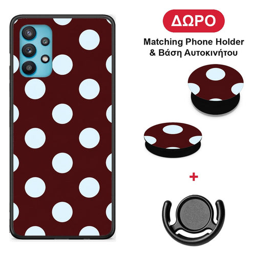 Pale Blue Large Polka Dots on Burgundy - Samsung Galaxy A32 5G θήκη + Δώρο Phone Holder & Βάση Αυτοκινήτου