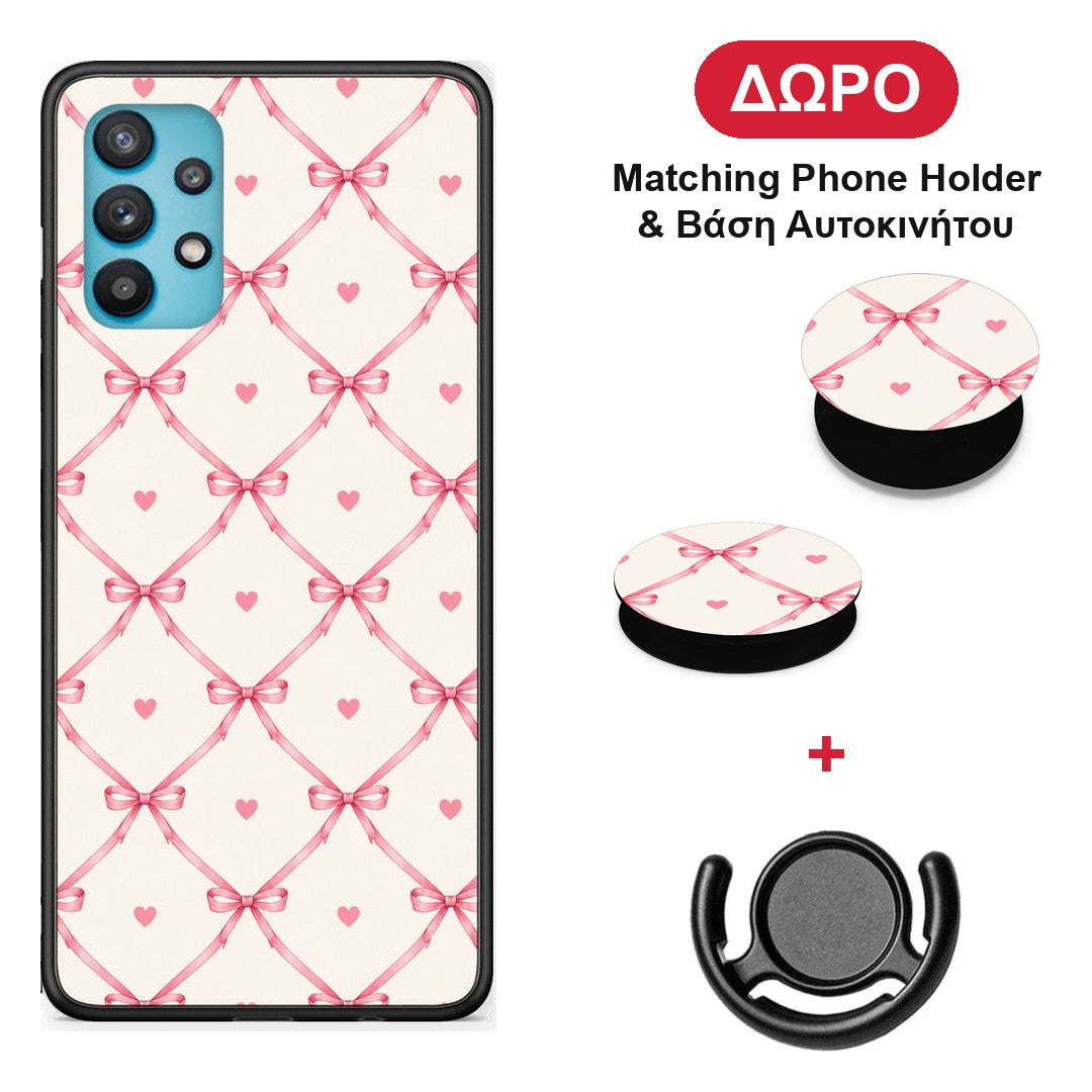 Pink Bow Lattice and Hearts on Cream - Samsung Galaxy A32 5G θήκη + Δώρο Phone Holder & Βάση Αυτοκινήτου