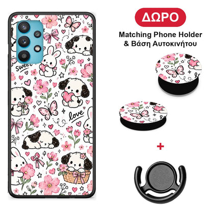Pink Florals Puppies and Bunnies on White - Samsung Galaxy A32 5G θήκη + Δώρο Phone Holder & Βάση Αυτοκινήτου