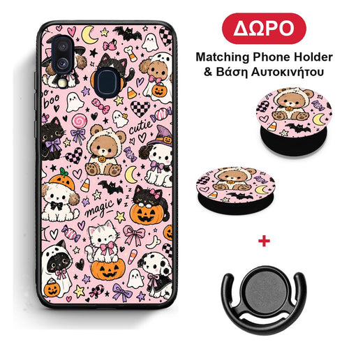 Halloween Cute Animals on Pink - Samsung Galaxy A40 θήκη + Δώρο Phone Holder & Βάση Αυτοκινήτου