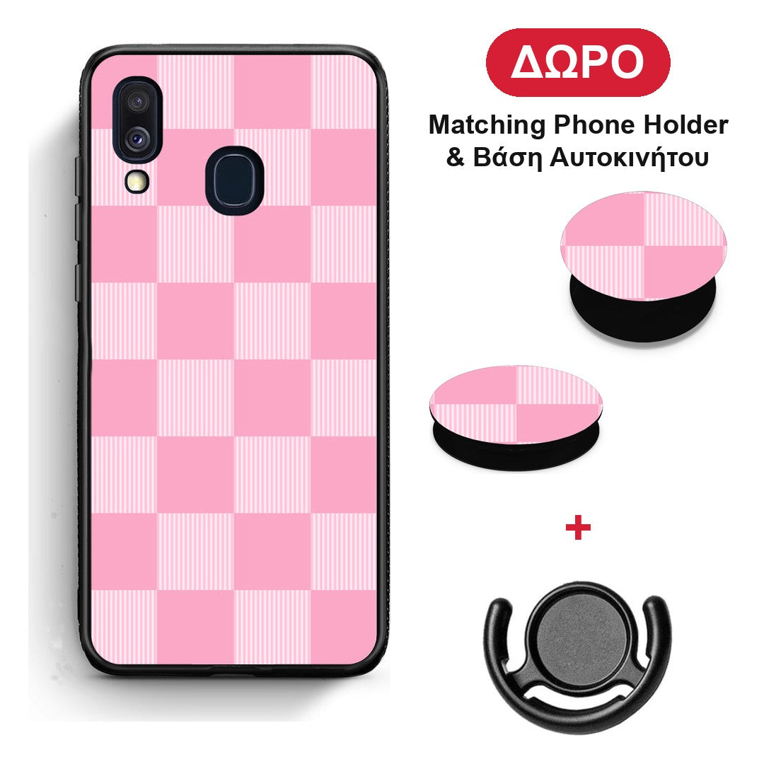Pink and White Striped Checks - Samsung Galaxy A40 θήκη + Δώρο Phone Holder & Βάση Αυτοκινήτου