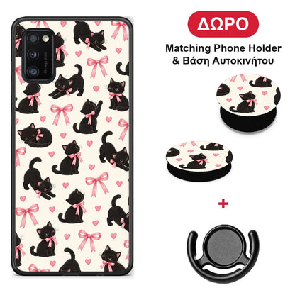 Black Kittens and Pink Bows on Cream Small - Samsung Galaxy A41 θήκη + Δώρο Phone Holder & Βάση Αυτοκινήτου