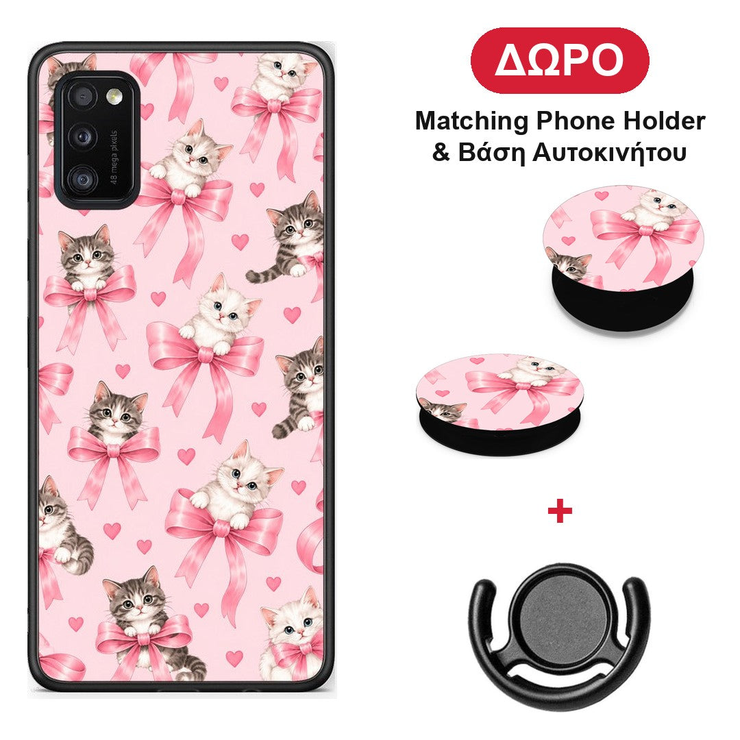 Kittens and Pink Bows on Pink - Samsung Galaxy A41 θήκη + Δώρο Phone Holder & Βάση Αυτοκινήτου