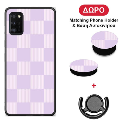 Lilac and Cream Striped Checks - Samsung Galaxy A41 θήκη + Δώρο Phone Holder & Βάση Αυτοκινήτου