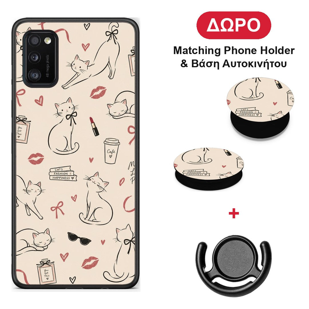 Minimal Cat and Fashion Doodles on Cream - Samsung Galaxy A41 θήκη + Δώρο Phone Holder & Βάση Αυτοκινήτου