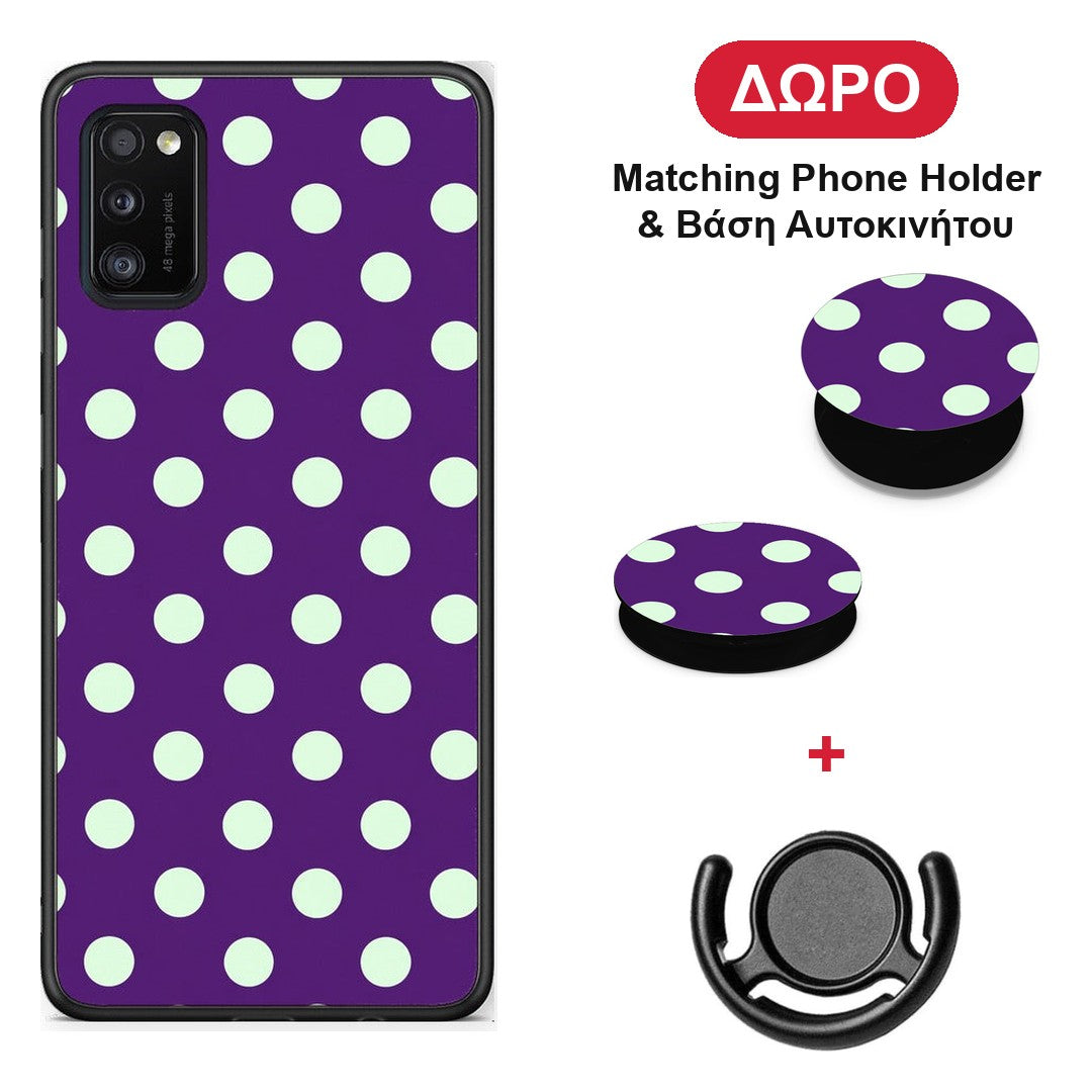 Mint Polka Dots on Purple - Samsung Galaxy A41 θήκη + Δώρο Phone Holder & Βάση Αυτοκινήτου