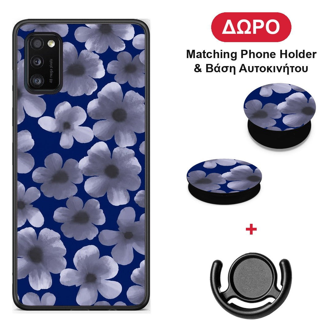 Pale Blue Flowers on Navy - Samsung Galaxy A41 θήκη + Δώρο Phone Holder & Βάση Αυτοκινήτου