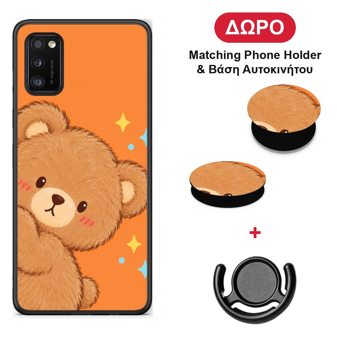 Peekaboo Teddy on Orange - Samsung Galaxy A41 θήκη + Δώρο Phone Holder & Βάση Αυτοκινήτου