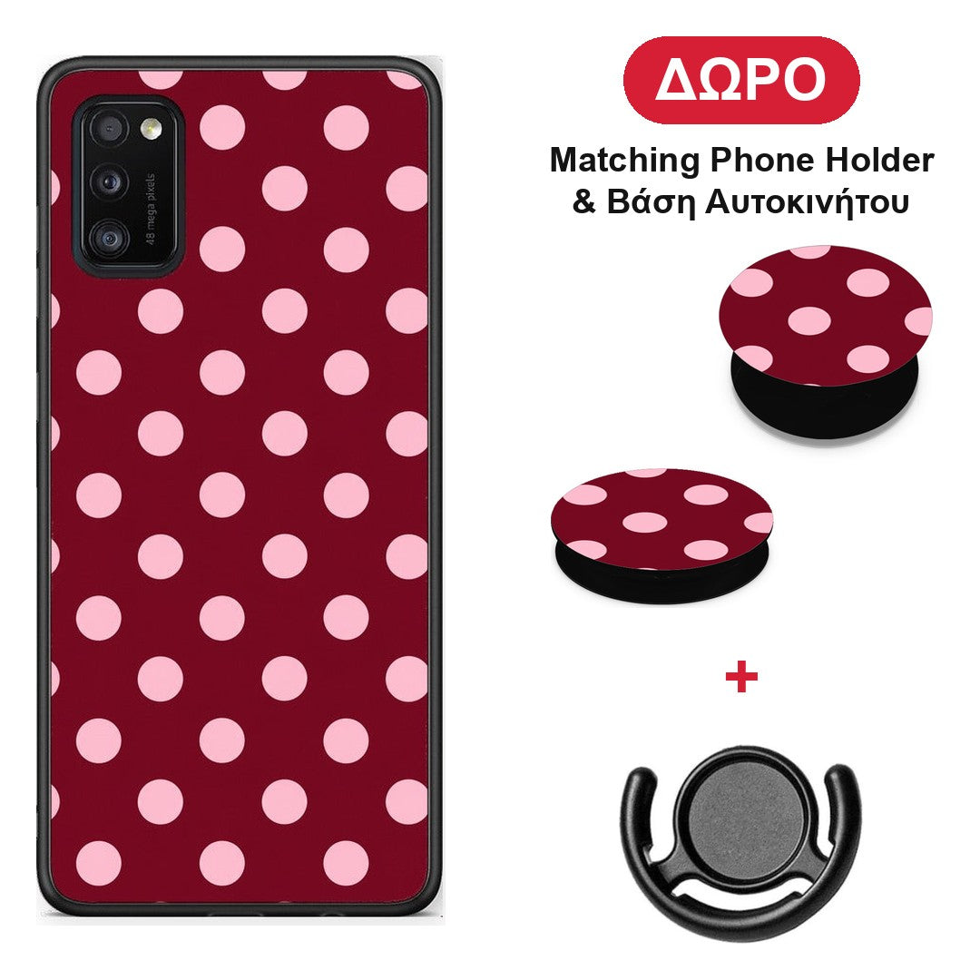 Pink Polka Dots on Burgundy - Samsung Galaxy A41 θήκη + Δώρο Phone Holder & Βάση Αυτοκινήτου