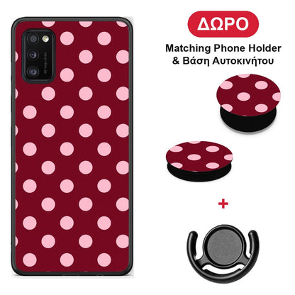 Pink Polka Dots on Burgundy - Samsung Galaxy A41 θήκη + Δώρο Phone Holder & Βάση Αυτοκινήτου