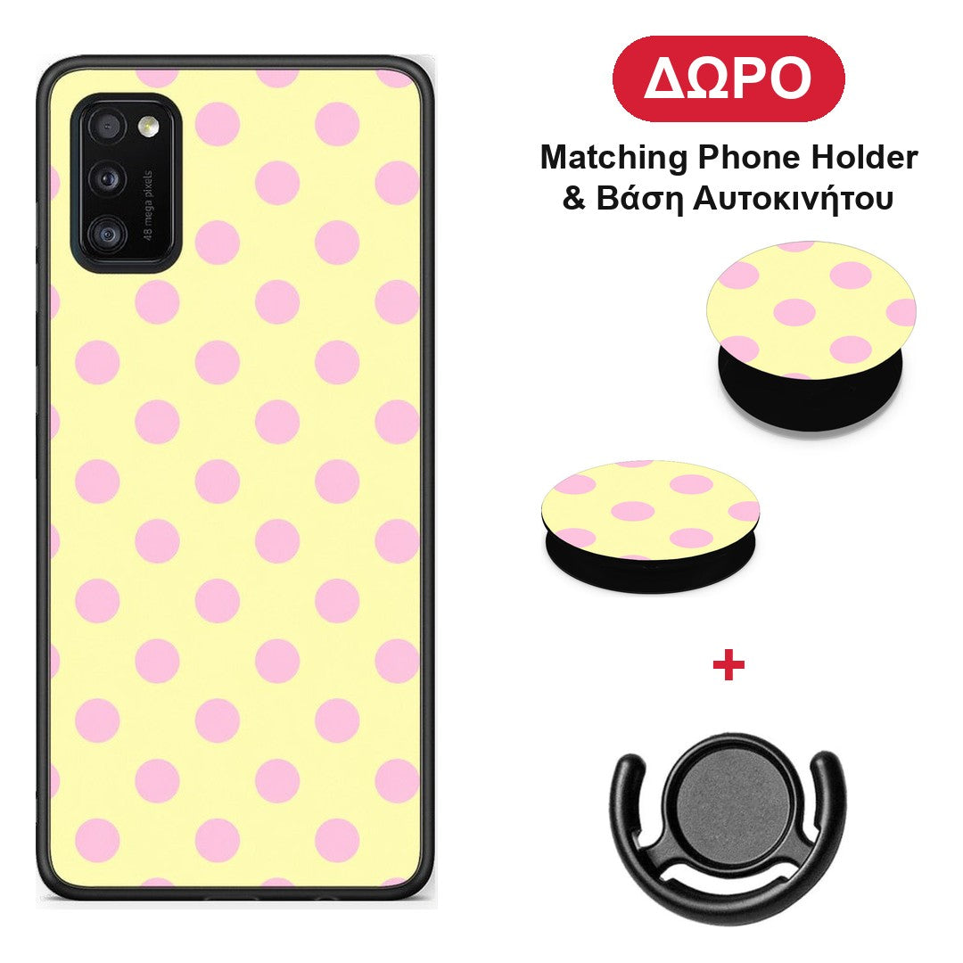 Pink Polka Dots on Yellow - Samsung Galaxy A41 θήκη + Δώρο Phone Holder & Βάση Αυτοκινήτου