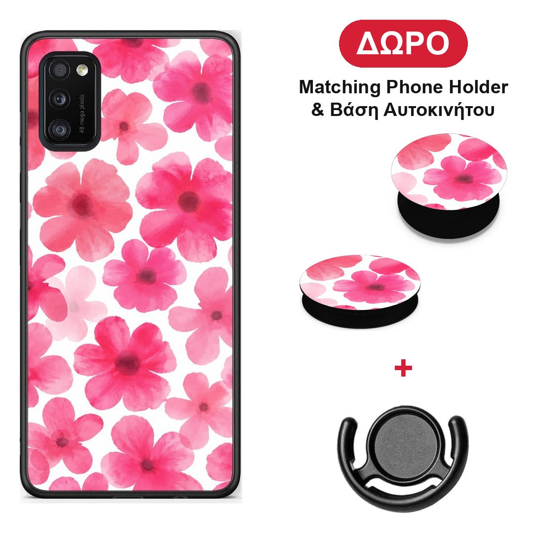 Pink Watercolour Flowers on White - Samsung Galaxy A41 θήκη + Δώρο Phone Holder & Βάση Αυτοκινήτου