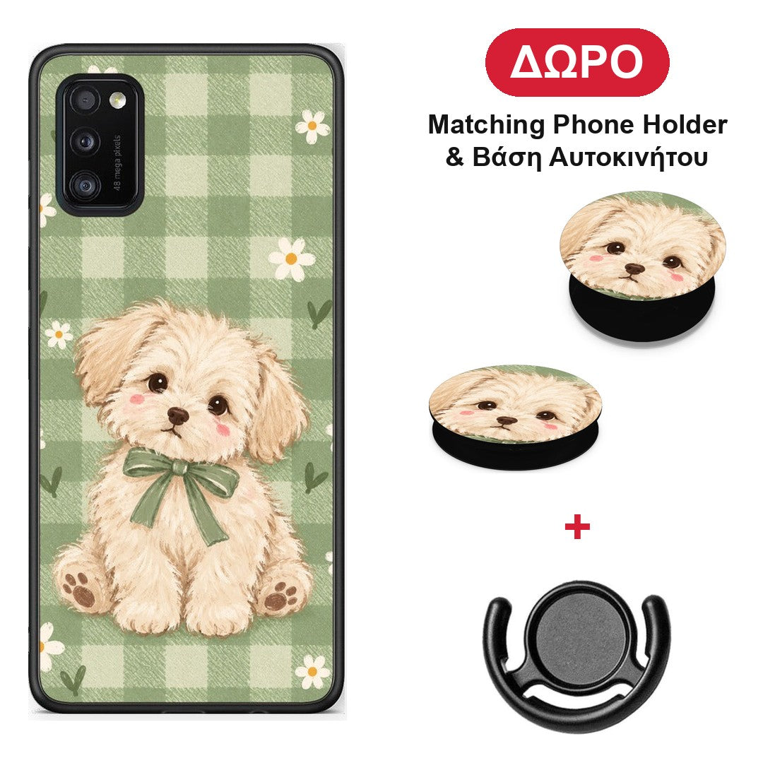 Puppy and Daisies on Sage Gingham - Samsung Galaxy A41 θήκη + Δώρο Phone Holder & Βάση Αυτοκινήτου