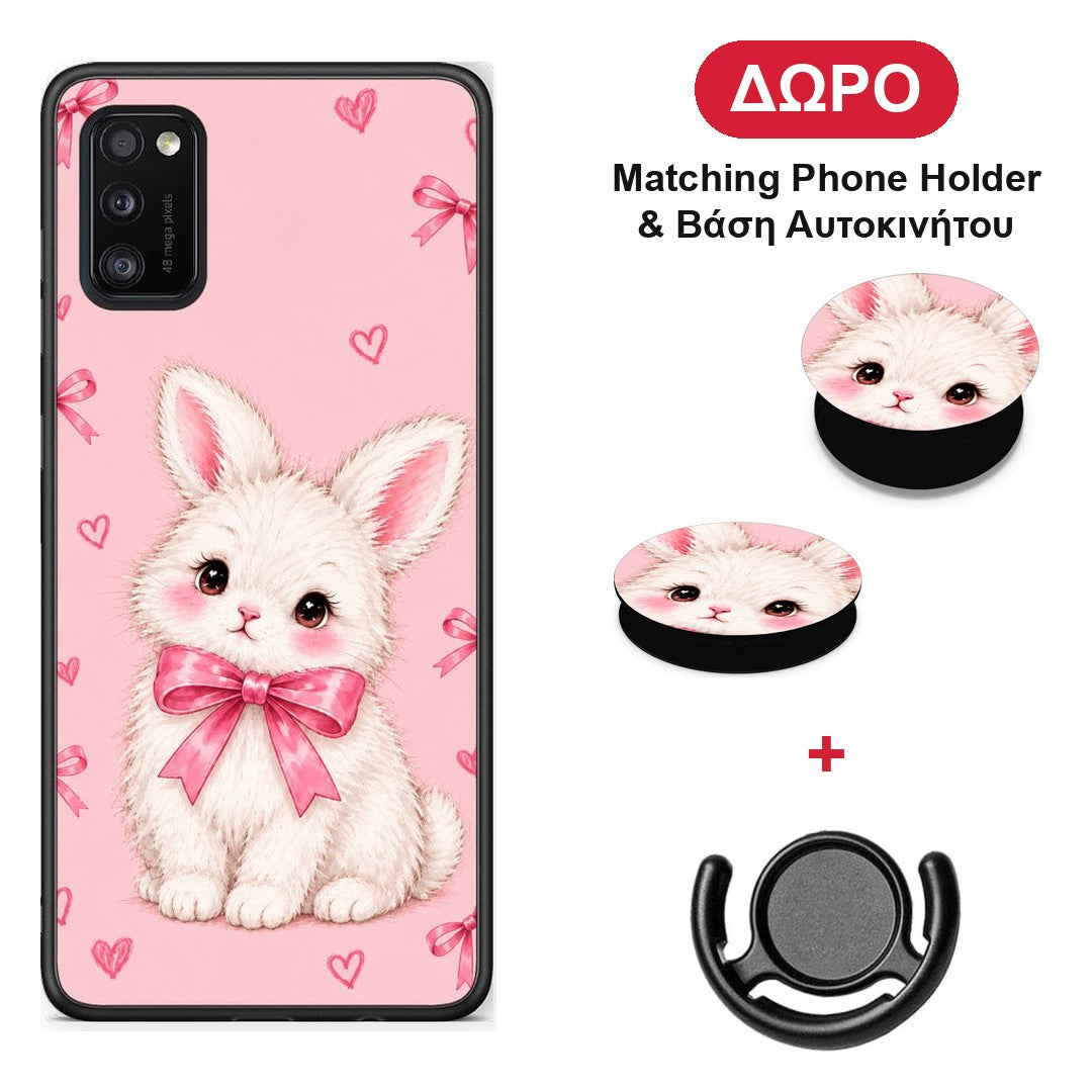 White Bunny and Pink Bows - Samsung Galaxy A41 θήκη + Δώρο Phone Holder & Βάση Αυτοκινήτου
