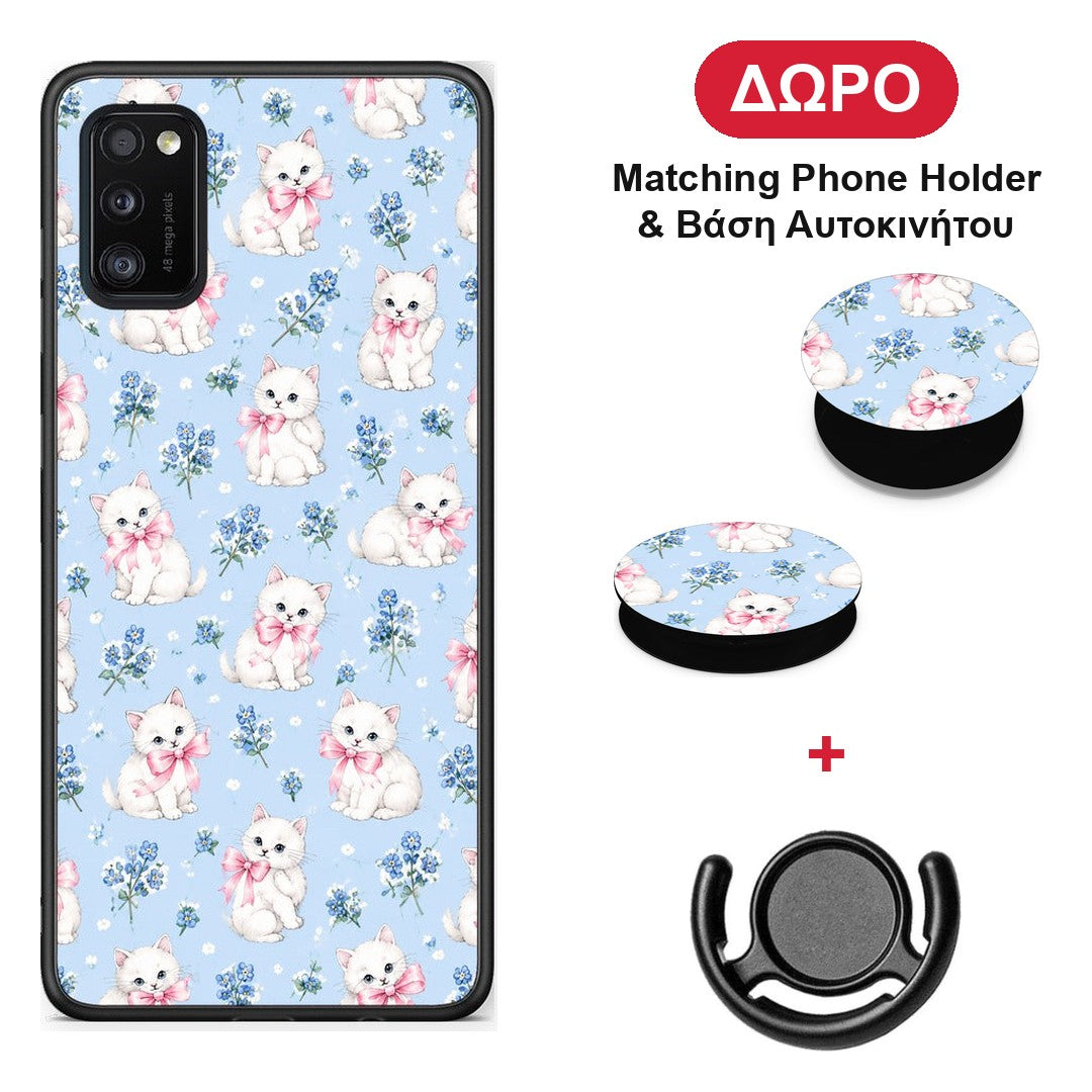 White Kittens and Blue Flowers Small - Samsung Galaxy A41 θήκη + Δώρο Phone Holder & Βάση Αυτοκινήτου