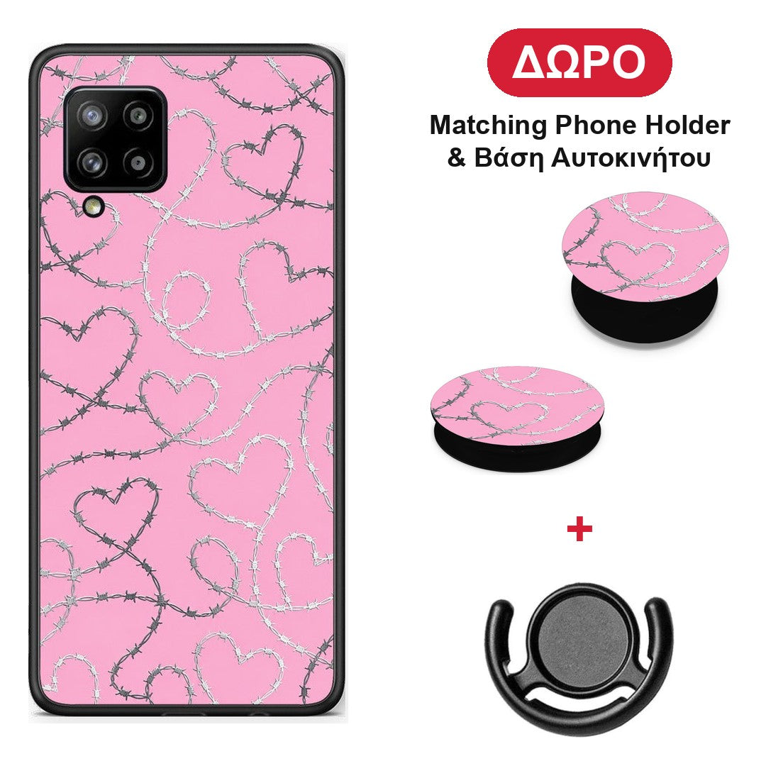 Barbed Wire Hearts on Pink - Samsung Galaxy A42 θήκη + Δώρο Phone Holder & Βάση Αυτοκινήτου