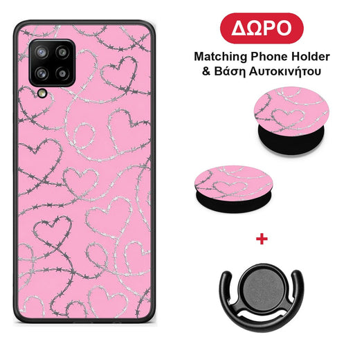 Barbed Wire Hearts on Pink - Samsung Galaxy A42 θήκη + Δώρο Phone Holder & Βάση Αυτοκινήτου