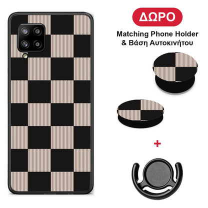 Black and Taupe Striped Checks - Samsung Galaxy A42 θήκη + Δώρο Phone Holder & Βάση Αυτοκινήτου