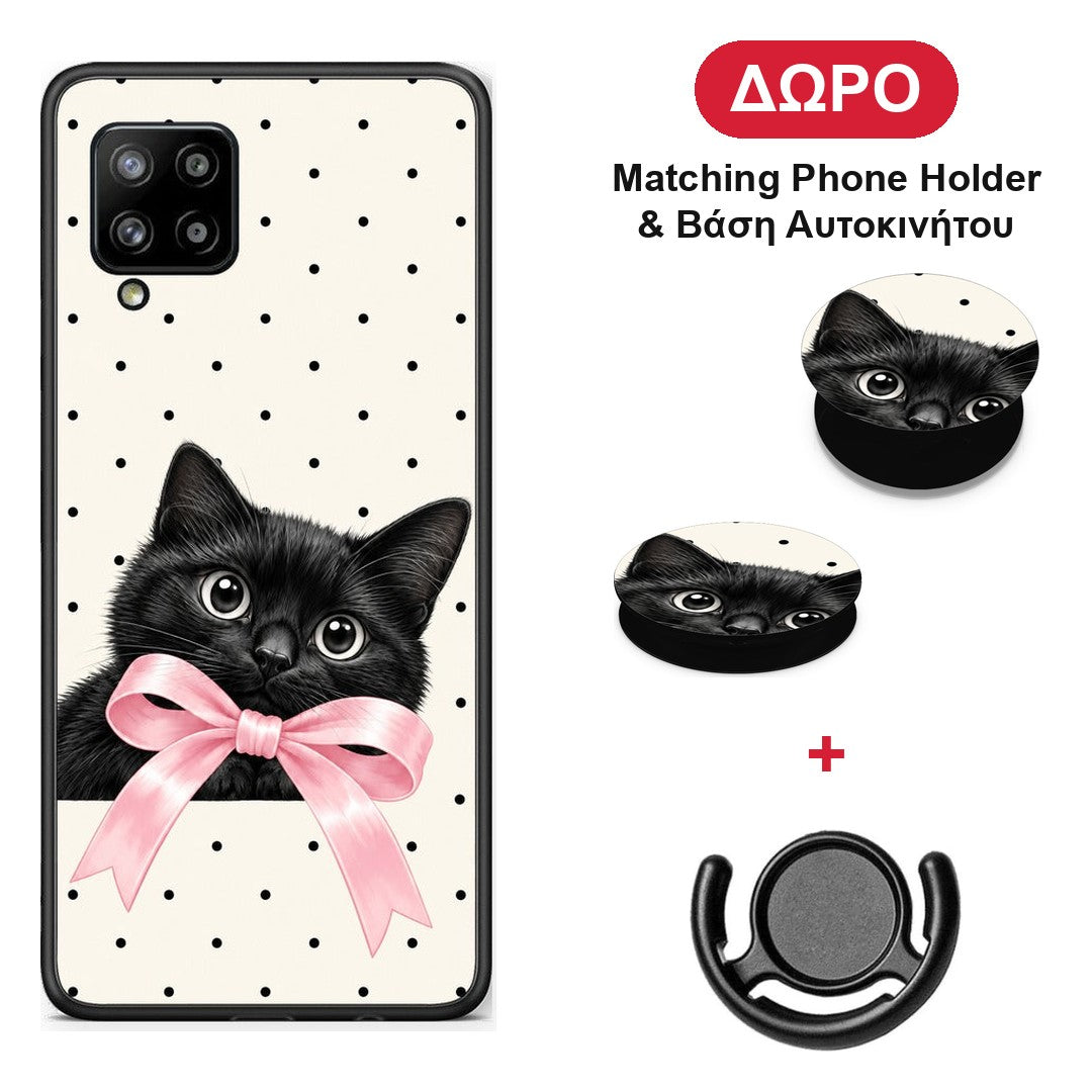 Black Kitten Pink Bow and Polka Dots - Samsung Galaxy A42 θήκη + Δώρο Phone Holder & Βάση Αυτοκινήτου