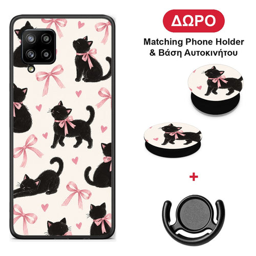 Black Kittens and Pink Bows on Cream Large - Samsung Galaxy A42 θήκη + Δώρο Phone Holder & Βάση Αυτοκινήτου