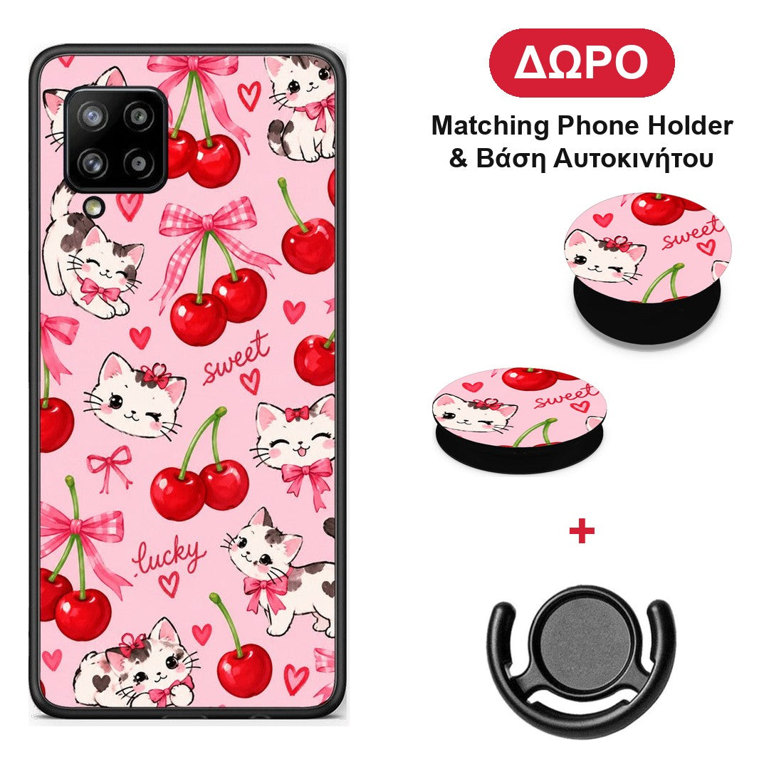 Cherries Bows and Kittens on Pink - Samsung Galaxy A42 θήκη + Δώρο Phone Holder & Βάση Αυτοκινήτου