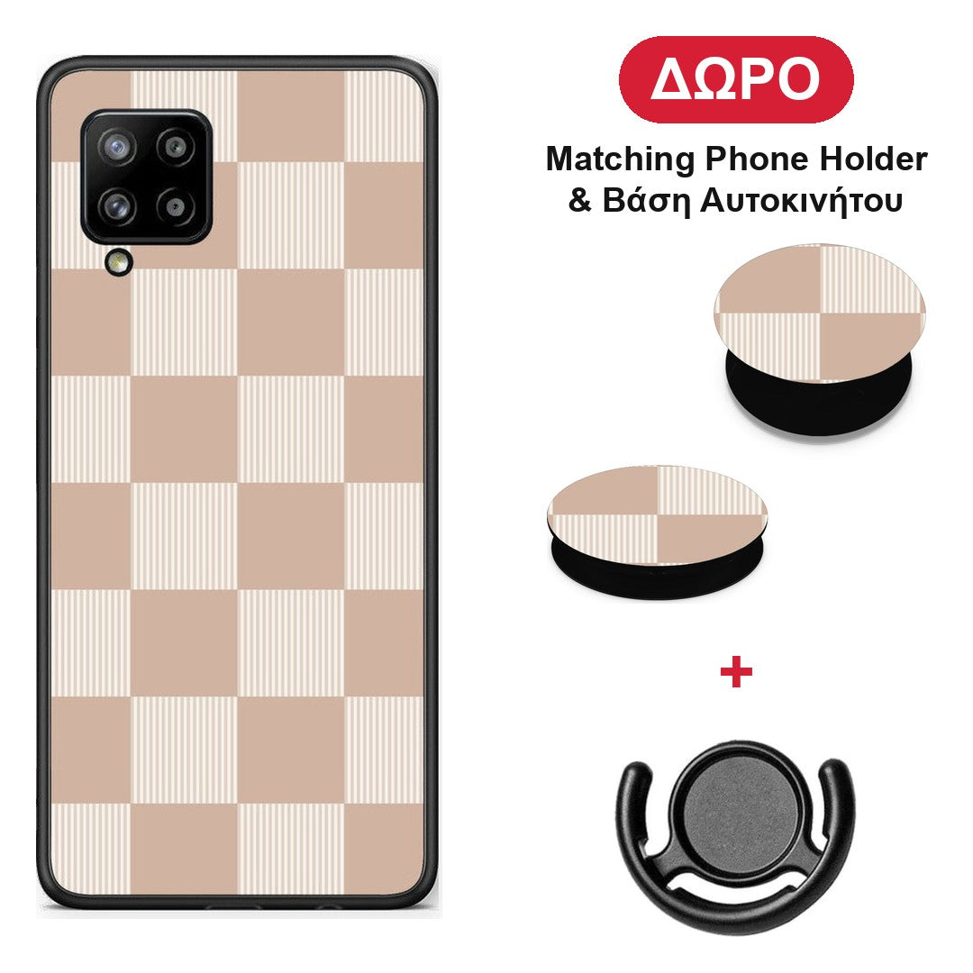 Latte and Cream Striped Checks - Samsung Galaxy A42 θήκη + Δώρο Phone Holder & Βάση Αυτοκινήτου