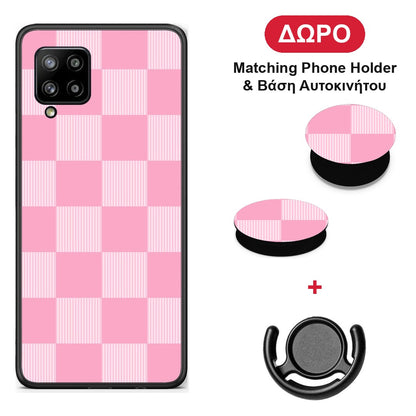 Pink and White Striped Checks - Samsung Galaxy A42 θήκη + Δώρο Phone Holder & Βάση Αυτοκινήτου