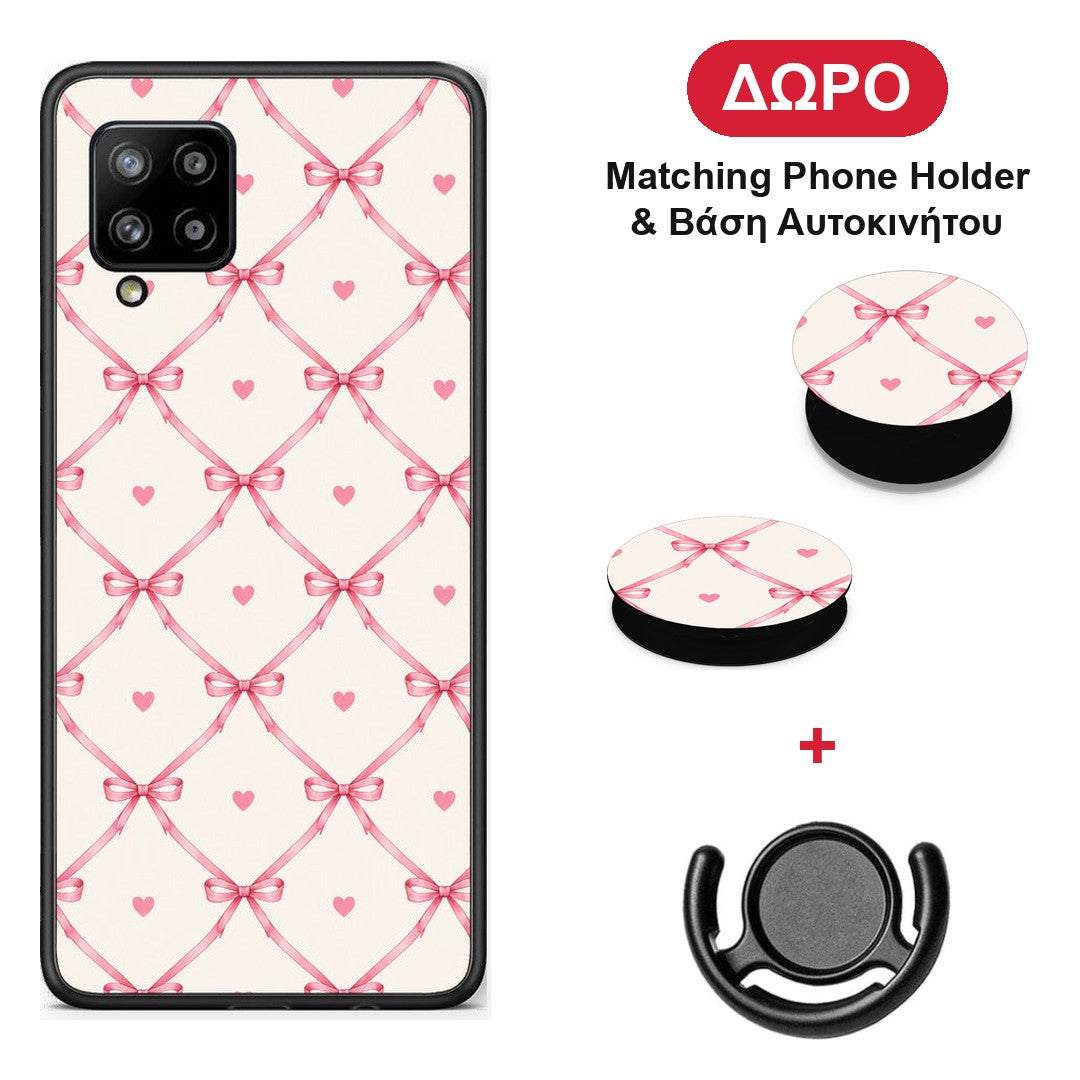 Pink Bow Lattice and Hearts on Cream - Samsung Galaxy A42 θήκη + Δώρο Phone Holder & Βάση Αυτοκινήτου