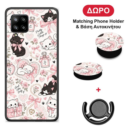 Pink Bows and Kittens Collage - Samsung Galaxy A42 θήκη + Δώρο Phone Holder & Βάση Αυτοκινήτου