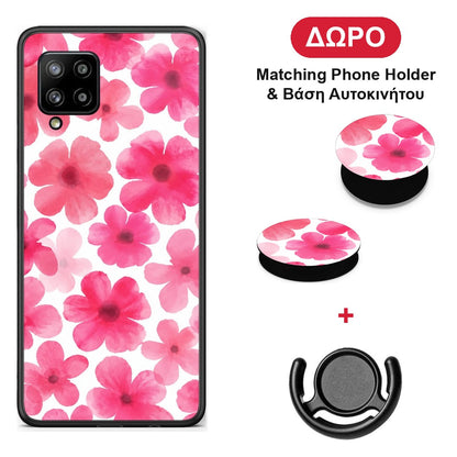 Pink Watercolour Flowers on White - Samsung Galaxy A42 θήκη + Δώρο Phone Holder & Βάση Αυτοκινήτου