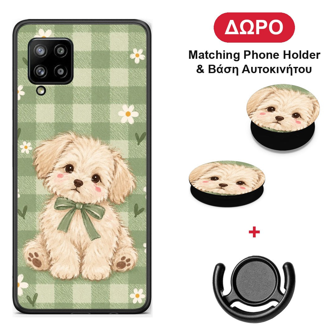 Puppy and Daisies on Sage Gingham - Samsung Galaxy A42 θήκη + Δώρο Phone Holder & Βάση Αυτοκινήτου