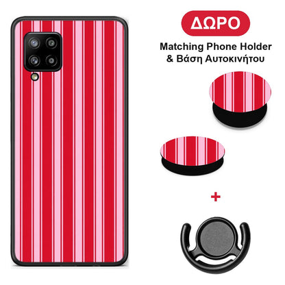 Red and Pink Vertical Pinstripes - Samsung Galaxy A42 θήκη + Δώρο Phone Holder & Βάση Αυτοκινήτου