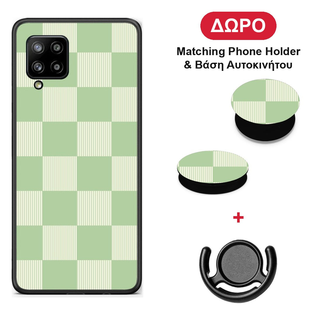 Sage and Cream Striped Checks - Samsung Galaxy A42 θήκη + Δώρο Phone Holder & Βάση Αυτοκινήτου