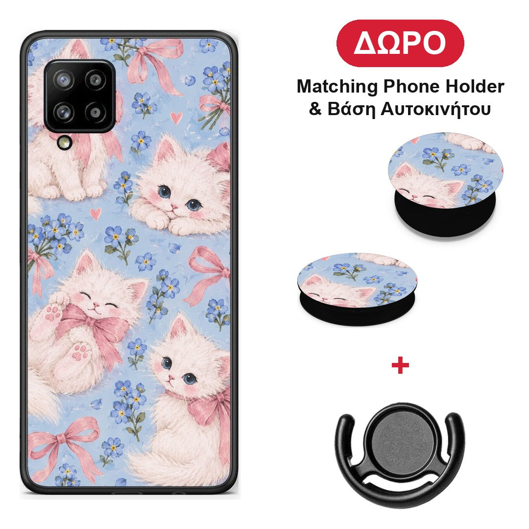 White Kittens and Blue Flowers Large - Samsung Galaxy A42 θήκη + Δώρο Phone Holder & Βάση Αυτοκινήτου