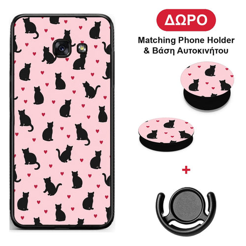 Black Cat Silhouettes and Hearts on Pink - Samsung Galaxy A5 2017 θήκη + Δώρο Phone Holder & Βάση Αυτοκινήτου