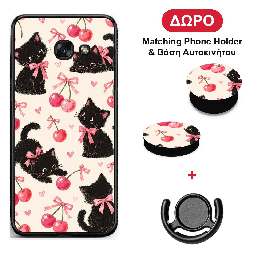 Black Kittens and Cherries on Cream - Samsung Galaxy A5 2017 θήκη + Δώρο Phone Holder & Βάση Αυτοκινήτου