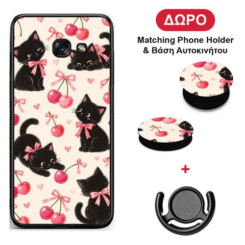 Black Kittens and Cherries on Cream - Samsung Galaxy A5 2017 θήκη + Δώρο Phone Holder & Βάση Αυτοκινήτου